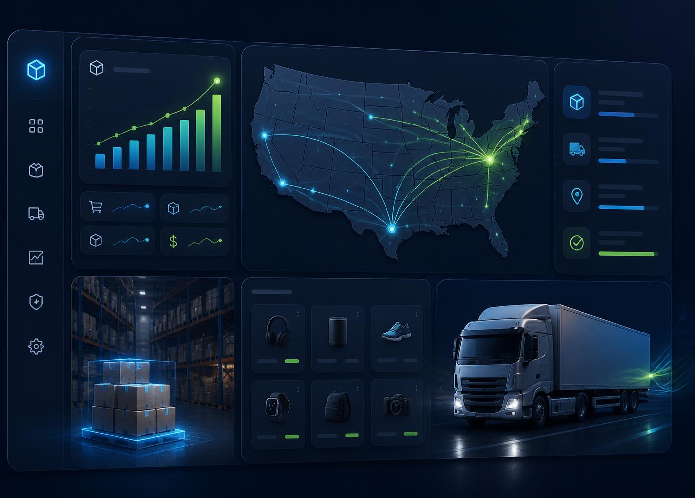 Munna Drop warehouse dashboard showing US shipping routes, live order analytics, and same-day fulfillment